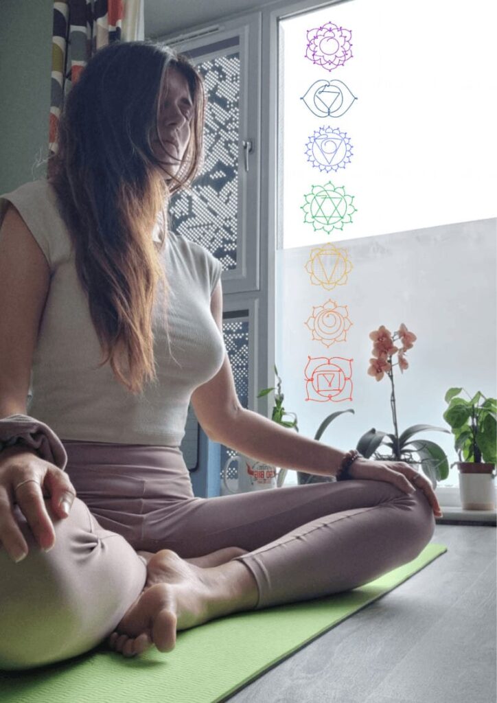 Cristina meditando y los símbolos de los chakras